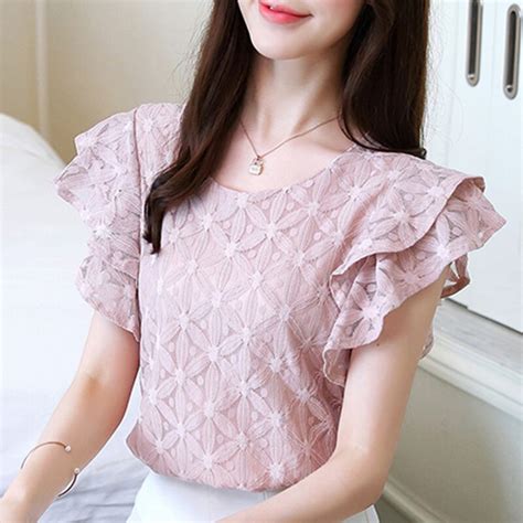 2018 Summer Short Sleeve O Neck Hollow Out Lace Blouses Women Fashion