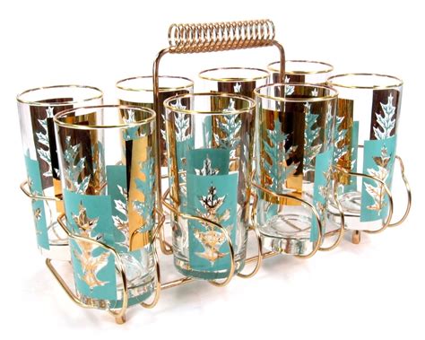 Mid Century Cocktail Glasses Turquoise And Gold Leaf Design