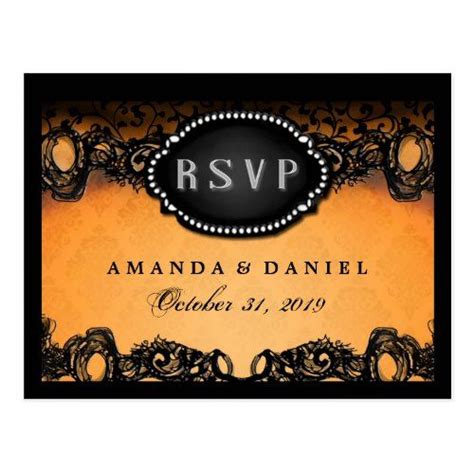 Orange And Black Elegant Lace Halloween Wedding Rsvp Postcard Elegant