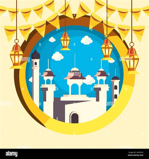 Ramadan Moschee Mit Laternen Und Banner Wimpel Design Islamische