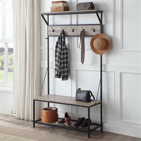 Belleze Entryway Hall Tree Coat Rack And Shoe Bench Lexie Gray Wash
