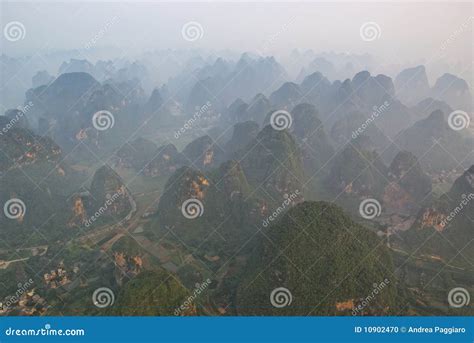 Aerial View Of Misty Karst Mountains In Guangxi Stock Photo Image Of