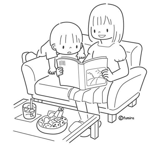 Pinto Dibujos Mamá leyendo con su hijo para colorear