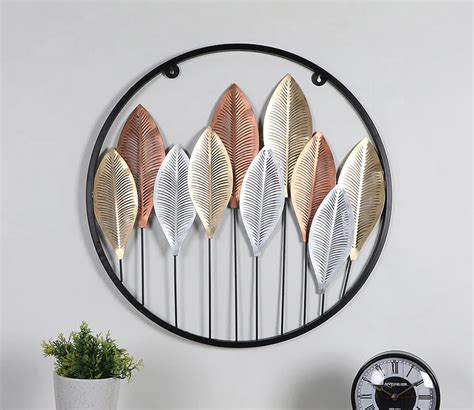 Buy Round Etched Long Leaves Silver And Copper Wall Decor Online In