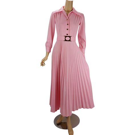 Vintage 1970s Dress Pink Full Length Pleated Skirt Party Dress B36 W26
