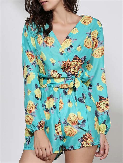 41 Off 2021 Sexy Floral Print Plunging Neck Long Sleeve Romper With Belt For Women In Green