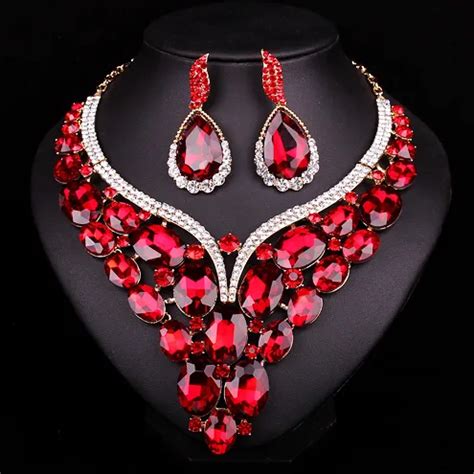 New Fashion Gold Color Big Red Crystal Bridal Jewelry Set For Bride