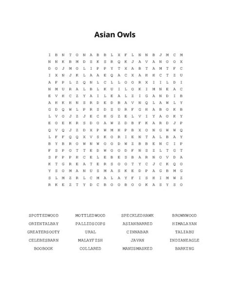 Asian Owls Word Search