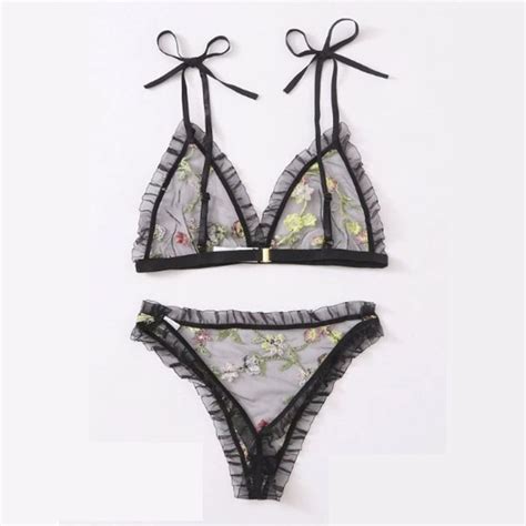 Sexy Black See Through Mesh Floral Embroidery Low Cut Triangle Bra And