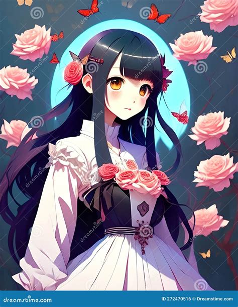 Cute Anime Girl Long Hair Roses Flowers Romantic Fantasy Character