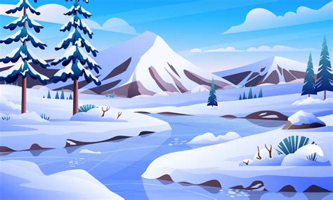 Winter Landscape With Frozen River Pines And Mountains Illustration