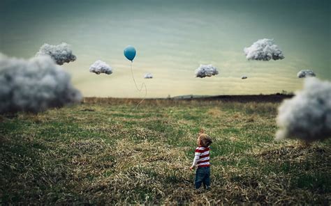 Grass Sky Clouds Boy Balloon Splendor Nature Child Field Hd