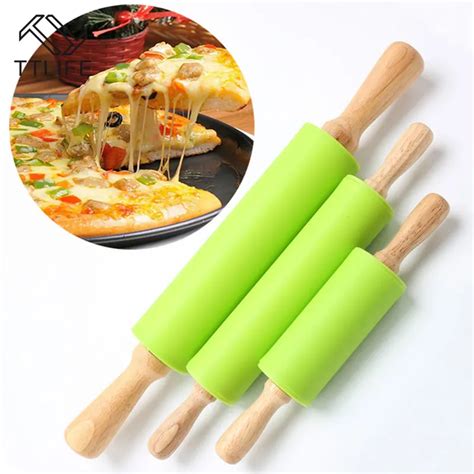 Ttlife Wood Handle Green Silicone Rolling Pins Home Decoration Pizza