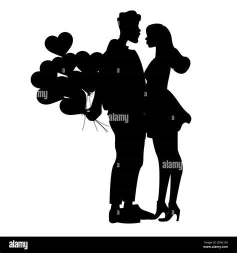 Silhouettes Of Man Holding Heart Shaped Balloons Near Woman Black And White Vector Illustration