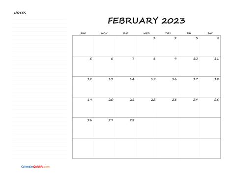 February Blank Calendar 2023 With Notes Calendar Quickly