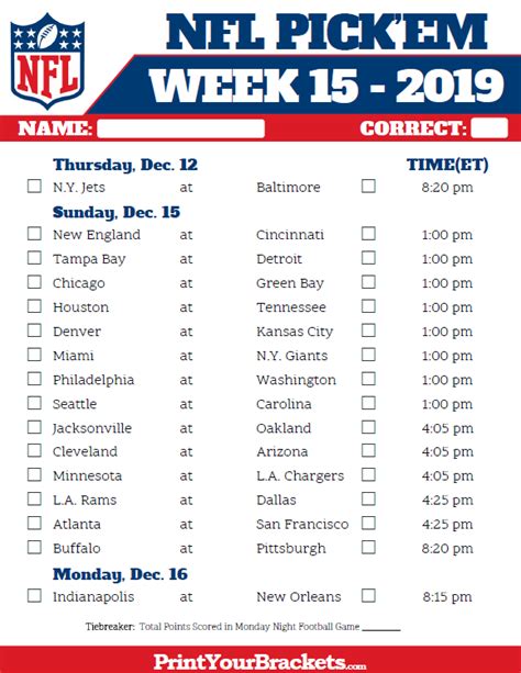 Nfl Week 15 Printable Pickem Printable World Holiday