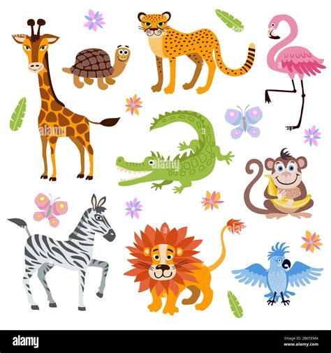 Cute Jungle And Safari Animals Vector Set For Kids Book Cartoon Jungle