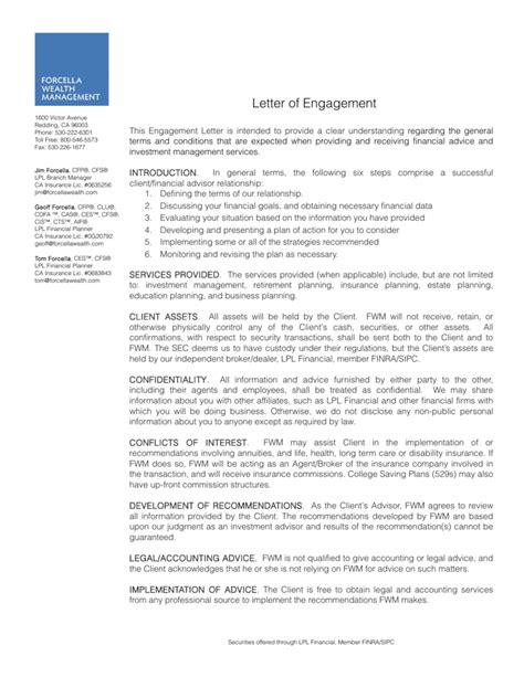 Letter Of Engagement Forcella Wealth Management