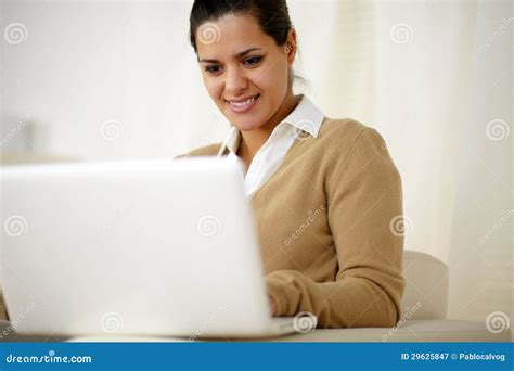 Smiling Young Female Working With Laptop Computer Stock Image Image