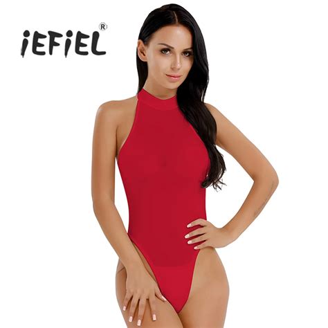 Iefiel Fashion Women Sexy Lingerie Bodystocking Mock Neck High Cut Back Zipper Crotchless Open