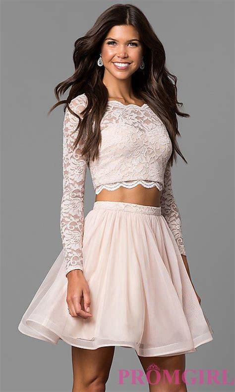 Buff Pink Two Piece Sleeved Lace Top Party Dress With Images Two