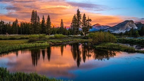 1920x1080 Landscape Sunset Lake Trees Mountains Wallpaper And