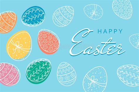 Happy Easter Banner With Hand Drawn Easter Eggs On Blue Background In