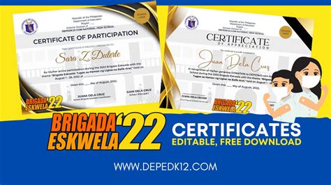 Brigada Eskwela 2022 Editable Certificates For Volunteers And Donors