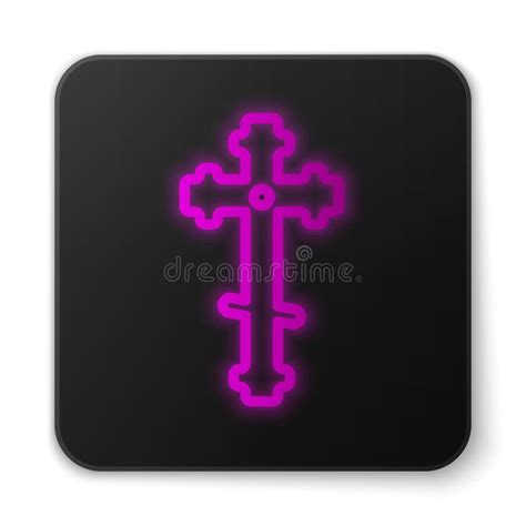 glowing neon line christian cross icon isolated on white background church cross black square