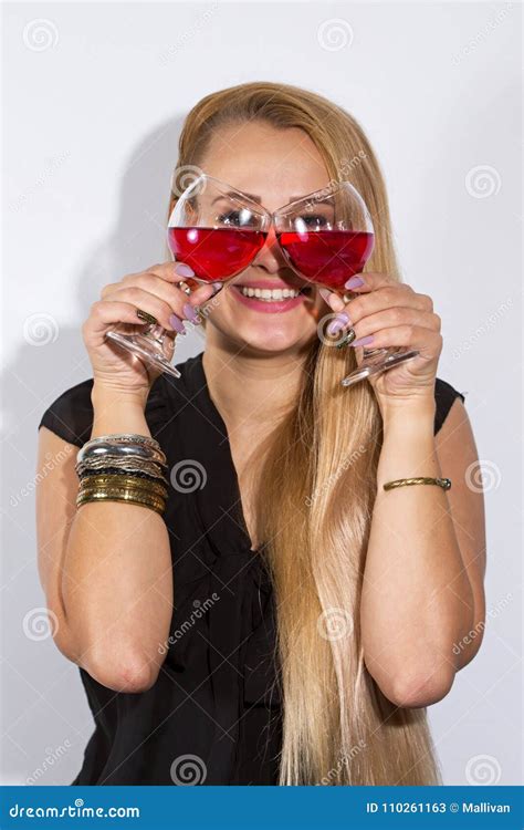 Woman Looks Through A Glass Of Wine Stock Image Image Of Happy Merry 110261163