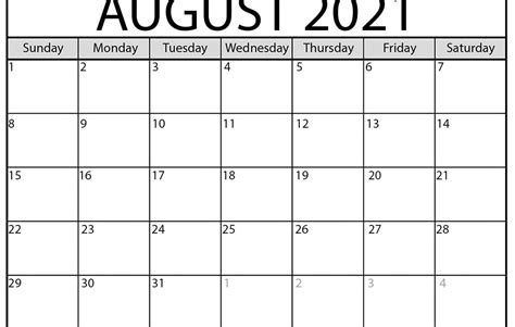 Free Printable August 2021 Calendar