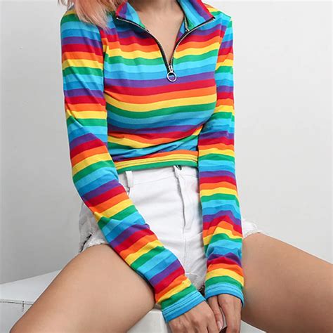 T Shirt Women Fashion Womens Long Sleeves Turtleneck Rainbow Color