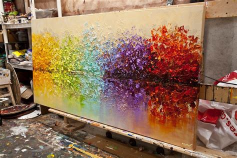 Original Palette Knife Abstract Painting Colorful Forest Painting Heavy