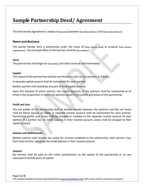 Sample Partnership Deed Page 1 Of 3 This Sample Template Has Been