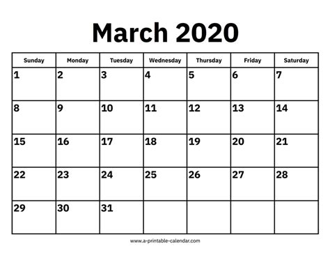 March 2020 Calendars Printable Calendar 2020