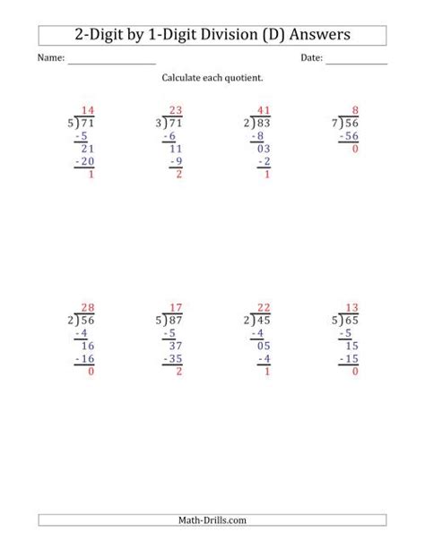 2 digit by 1 digit long division with remainders and steps shown on