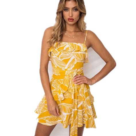 Summer Women Dress 2018 Print Leaves Pineapple Strap Sexy Ruffles Sexy Dresses Beach Mini Dress