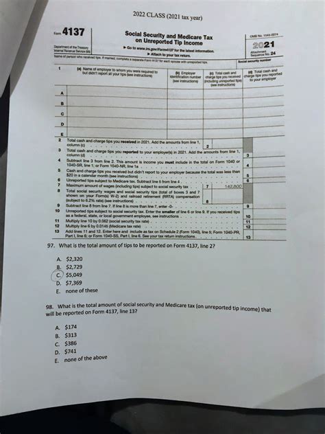 Solved 2022 Class 2021 Tax Year Form 4137 Social Security And