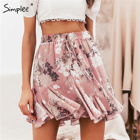 Simplee Bohemian Floral Print Women Skirt Elastic High Waist Ruffled Mini Skirt Female Casual