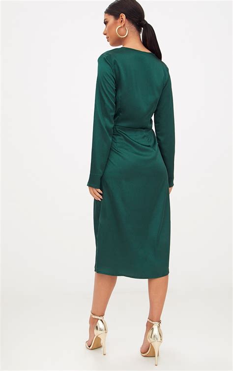 Emerald Green Satin Long Sleeve Wrap Midi Dress Prettylittlething Ca