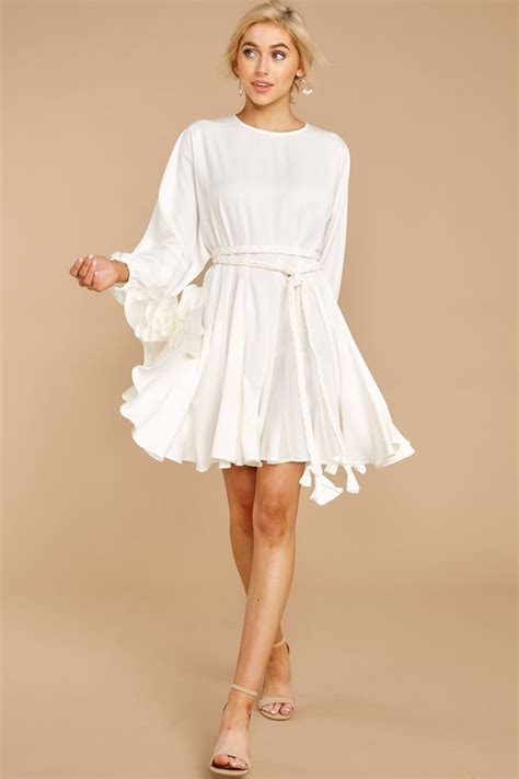 Gorgeous White Belted Dress Flouncy Long Sleeve Dress Dress 64