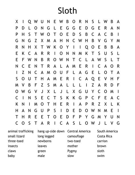 Sloth Word Search Wordmint