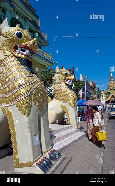 Chinthe Statues Half Lion Half Dragon Buddhist Temple Yangon