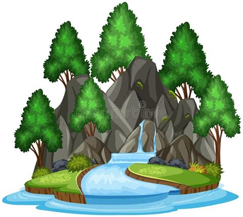 Isolated Waterfall Landscape On White Background Stock Vector
