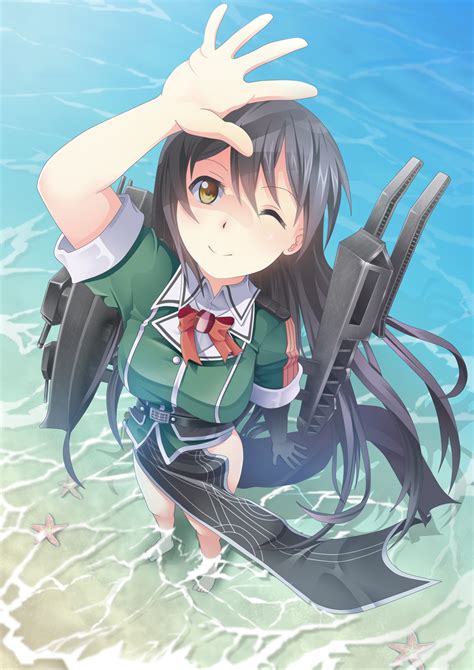 Yasume Yukito Chikuma Kancolle Kantai Collection Highres 10s 1girl Arm Up Barefoot