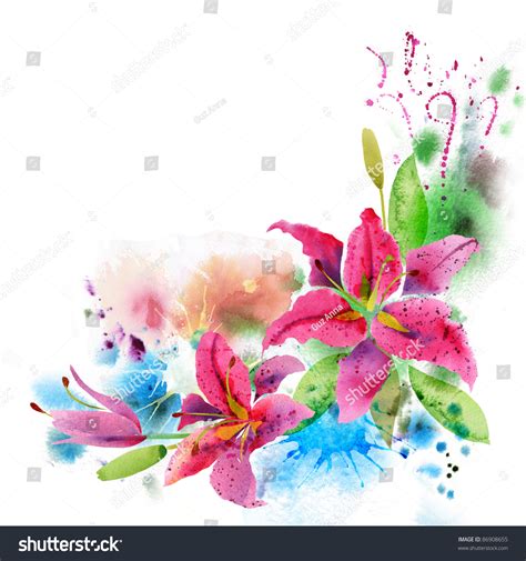 Beautiful Background With Watercolor Flowers Lily Stock Photo 86908655