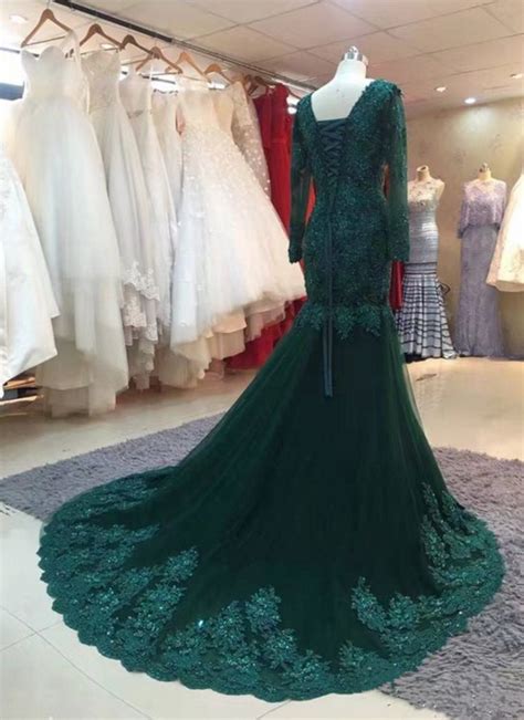 dark green lace mermaid prom dress long sleeves prom dress emerald green evening gowns emerald