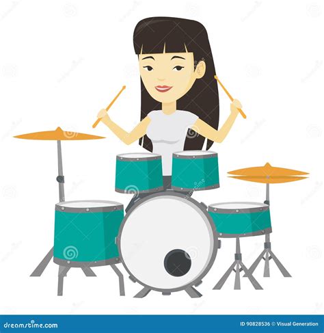 Woman Playing On Drum Kit Vector Illustration Stock Vector