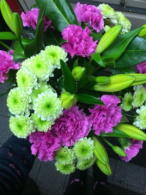 Pretty Pink And Green Bouquet Green Daisy Pink Carnations And Asiatic