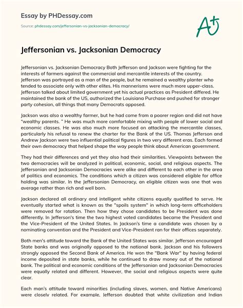 Jeffersonian Vs Jacksonian Democracy Definition Essay Example